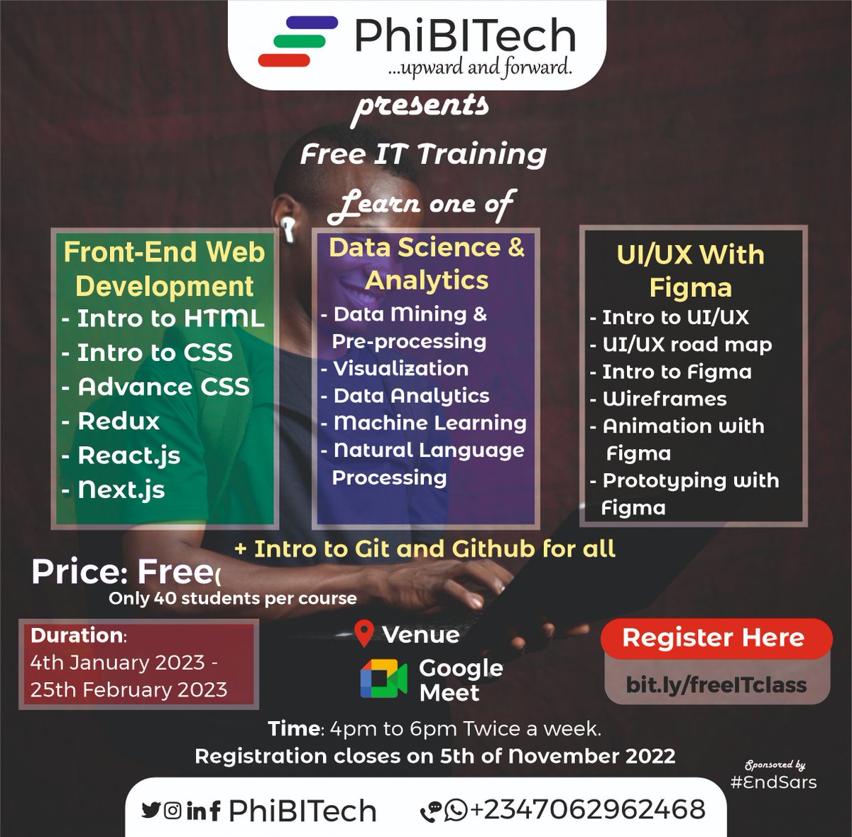 ayotundeolaiya's tweet photo. Registration for the #FreeITClass is now open for every #Nigerian and you can register here https://t.co/mZz4TD6lkH. Remember to tell a friend. Together we can change the Nigerian Story. @mrmacaroni @cuppymusic #Python #javascript #UIUXDesigner #DataScience 
@EmekaOkoye https://t.co/hpd6PemU3q