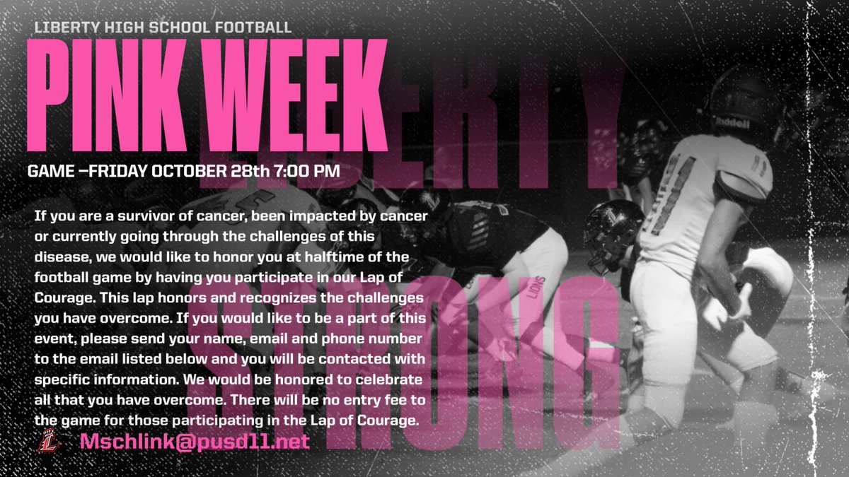 LHSAthletics22's tweet photo. PINK WEEK:  @LibertylionsHS will continue our tradition of supporting cancer research @stucoliberty will be selling bracelets, headbands, gear at lunch in an effort to bring further awareness and hosting a culminating event:  The Lap of Courage at HT of @libertyfblions game. https://t.co/6fNvx3KtAg