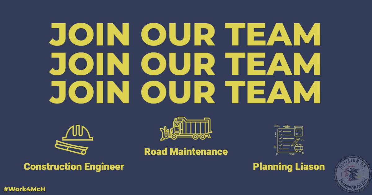 The McHenry County Division of Transportation is hiring! Open positions include planning liaison, construction engineer, and road maintenance worker. Want to work for a great team offering great benefits? Visit mchenrycountyil.gov/employment to apply! #work4McH <a href="/DOTMcHenry/">McHenry County DOT</a>