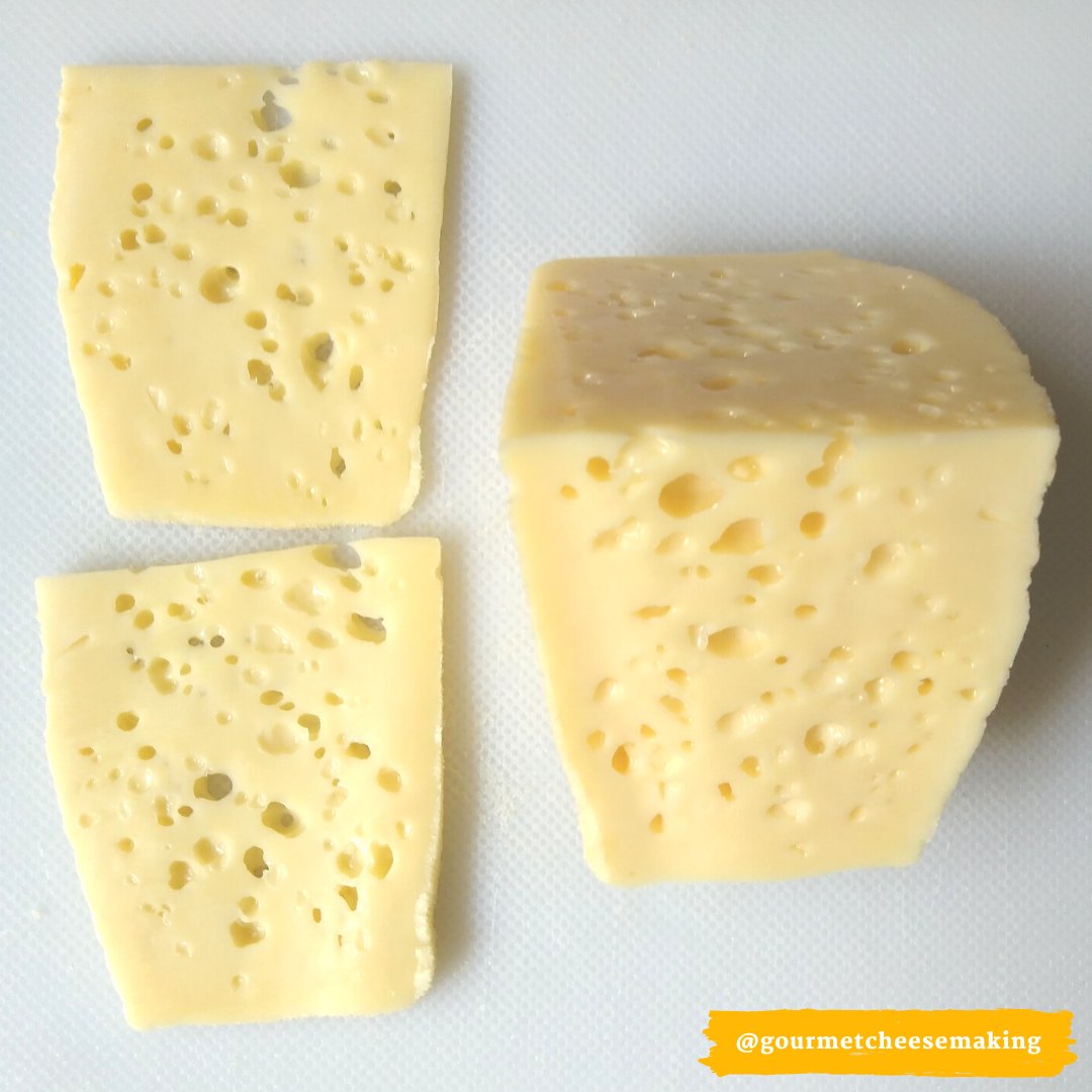 GrahamRedhead's tweet image. John R makes a lot of very nice cheese. Here is his first attempt at Jarlsberg, and he is more than a little happy.  A very lovely elastic texture and a sweet, nutty flavor. Well done, John! 👏👏

#cheesemaking #madeinaustralia #cheesemakingprocess