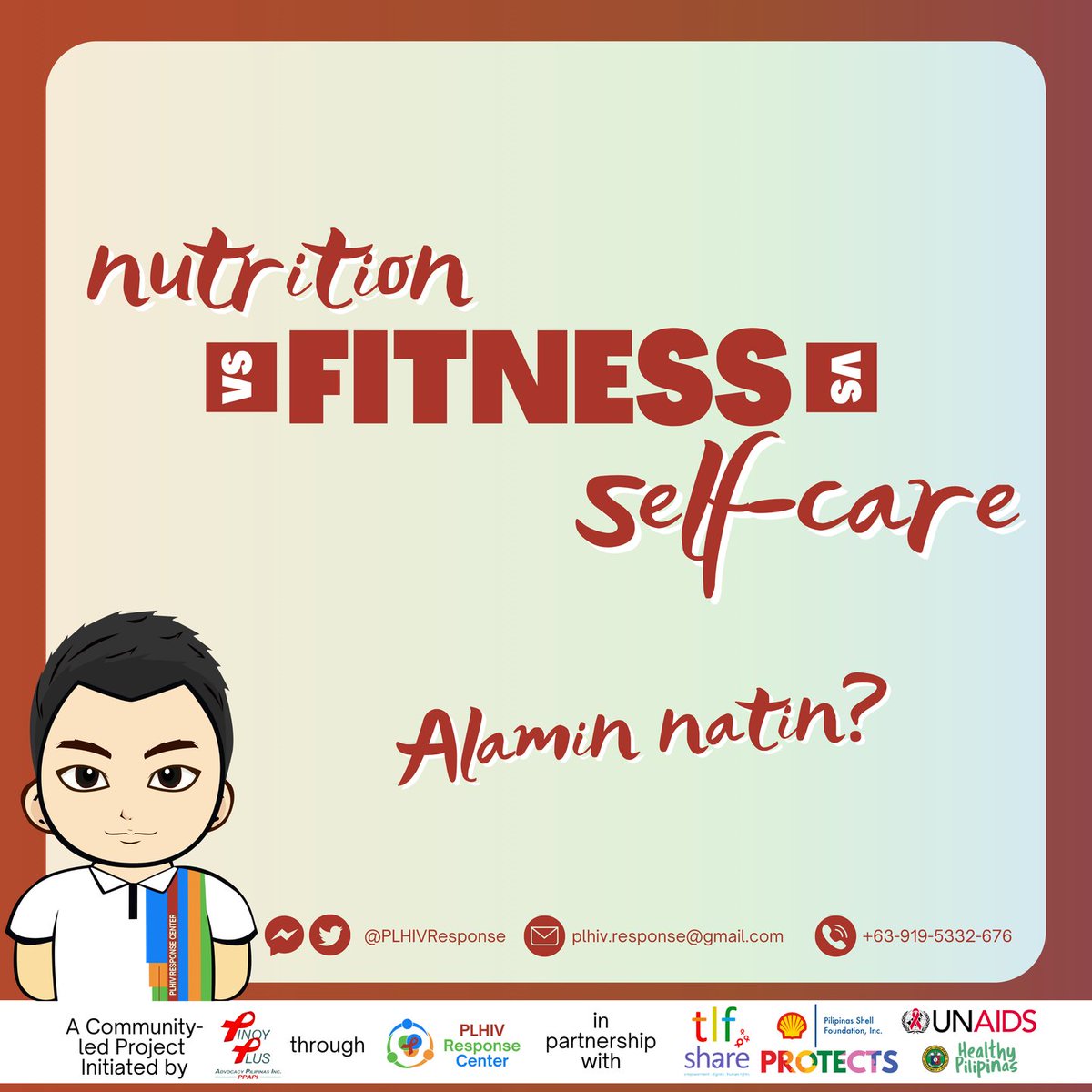 PLHIVResponse's tweet photo. Ano ang pagkakaiba ng nutrisyon sa fitness sa self-care? Tara alamin natin sa pakikipag-ugnayan sa mga administrators ng PLHIV Response Center!

#HIVhealth #LearnWithPRC #PRCares #PRCPromotion #ResponseCenter #HealthyPilipinas https://t.co/jwmajFnlpr