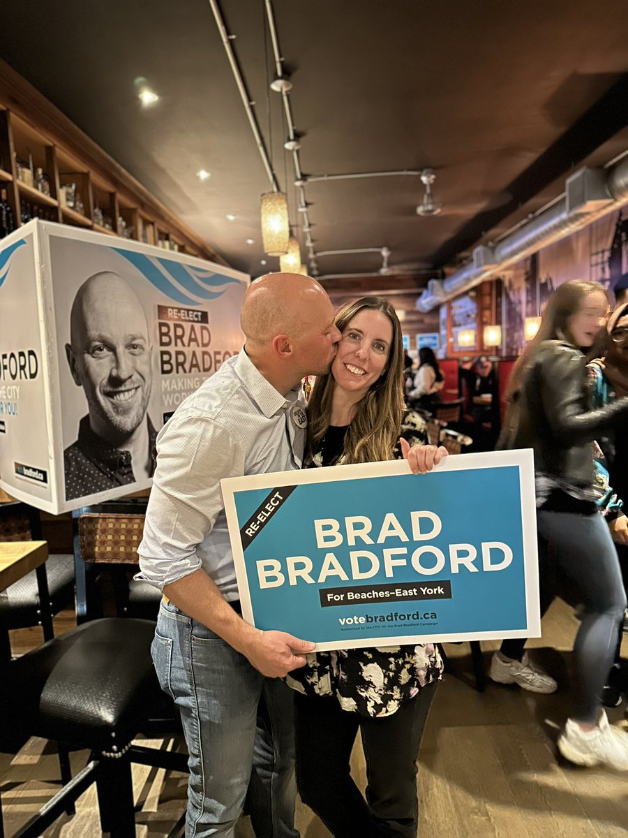 BradMBradford's tweet photo. Thank you, #BEY, for believing in me, and Believing in the East. 

Let’s keep building on the progress we’ve made together. Here’s to four more years 🙌#TOpoli #TOVotes22 https://t.co/FLUhLYR1Wp
