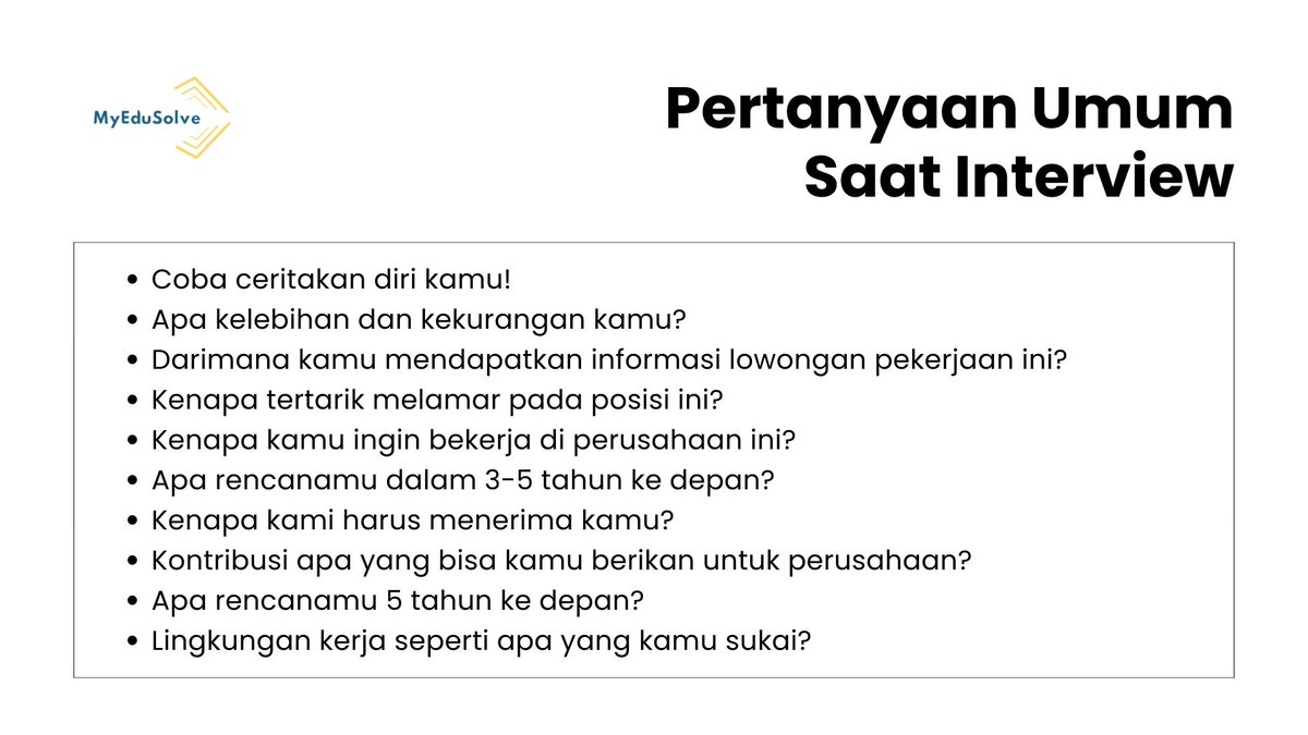 myedusolve's tweet photo. 📝Mempelajari Pertanyaan yang Sering Muncul

Saat ini sudah banyak rekruter yg terbuka membagikan informasi beberapa pertanyaan paling sering ditanyakan saat interview dg kandidat. 

📌Contoh pertanyaannya: https://t.co/K2JyY3wPVC
