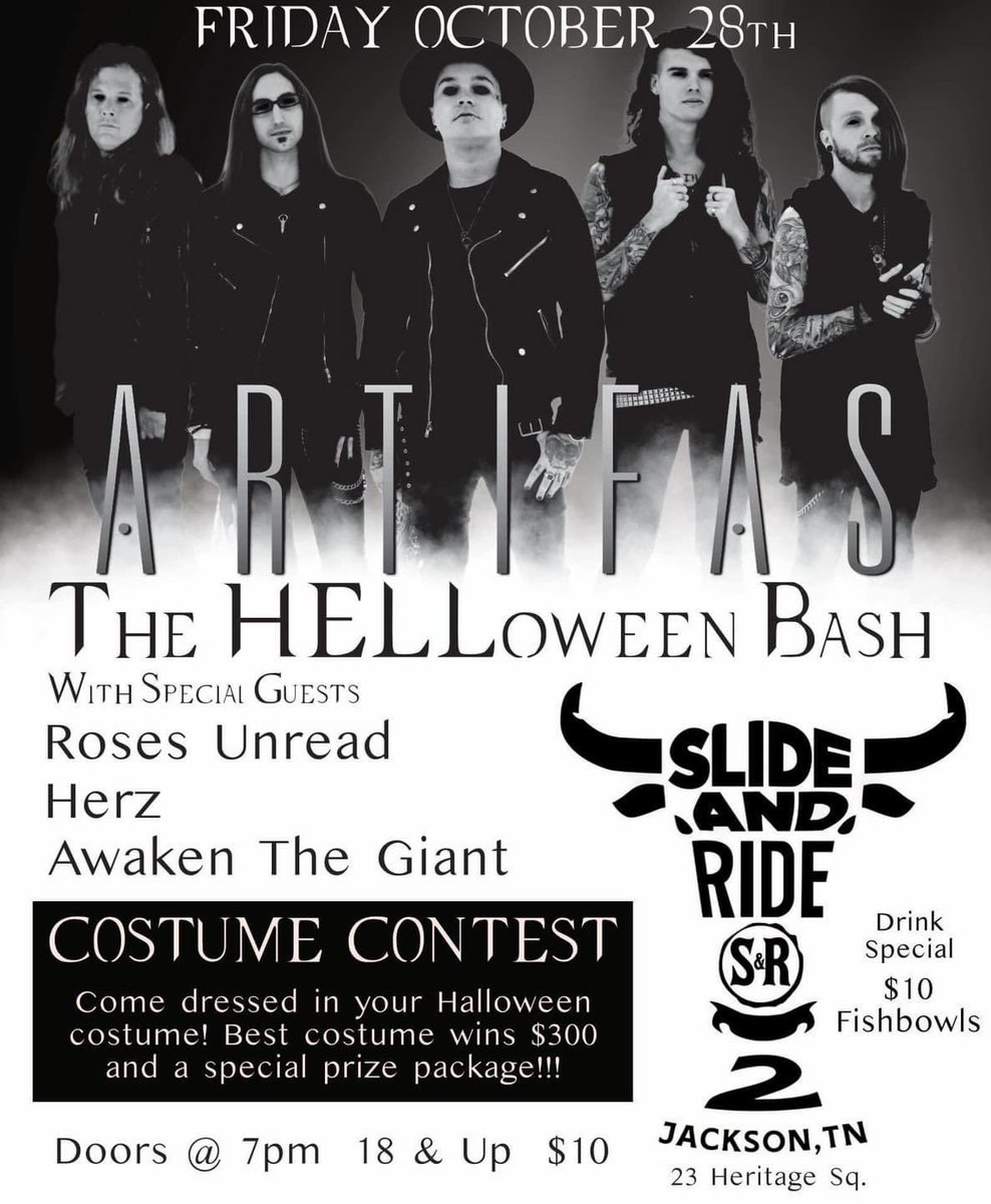 🚨JUST BOOKED🚨
We’ll be playing at <a href="/Artifas/">ΛRTIFΛS</a> HELLoween Bash @ Slide &amp; Ride 2, Jackson, TN. 

<a href="/rosesunread/">Roses Unread</a> and <a href="/herztheband/">Herz</a> also supporting.

We’re excited to share a stage with these amazing bands!

This Friday 10/28 7PM
18+ / $10

#LiveMusic #TheBuildingALegacyTour #WomenOfRock