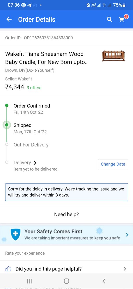 mithugupt's tweet photo. @flipkartsupport @Flipkart The material was supposed to reach destination on 21st of Oct 2022 unfortunately their is no details of transportation too. Several complaints made but no use. It's for use of baby. Now big billion days are over also cannot buy other cradel. Help https://t.co/qOp0fP3iIs