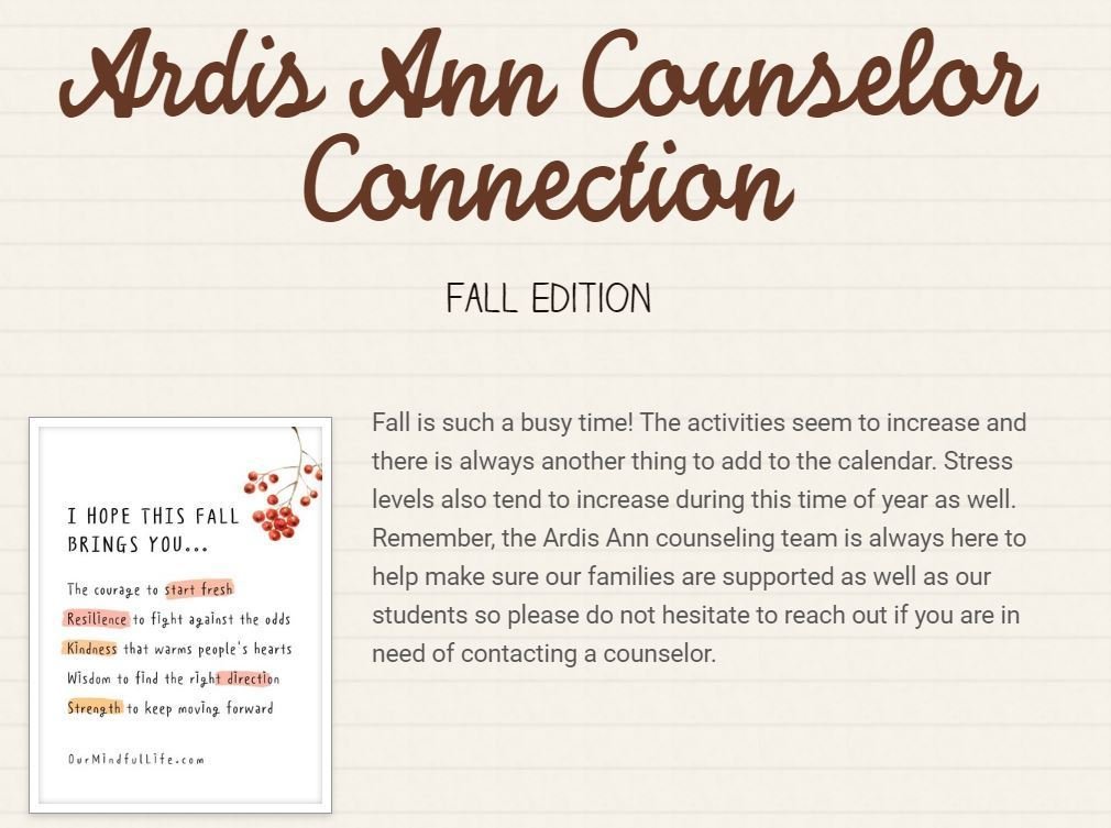 AAMS Counselor Connections:  Fall Edition Newsletter

smore.com/py0j2