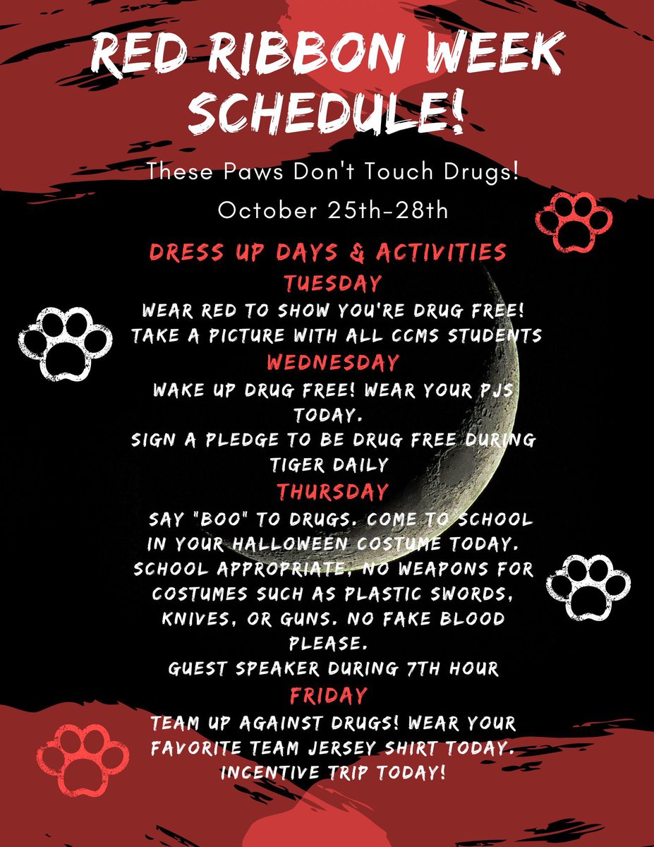MrsCurran_CCMS's tweet photo. Don’t forget that this week is Red Ribbon Week! The dress up day for tomorrow is wear red to show you’re drug free! @CCMSTigers @MrsCodding @christi_bowman @ReginaN52583540 @CMCrawford7 @MrAaronGuyer @HofmeisterCCMS https://t.co/T9U0SLydlU