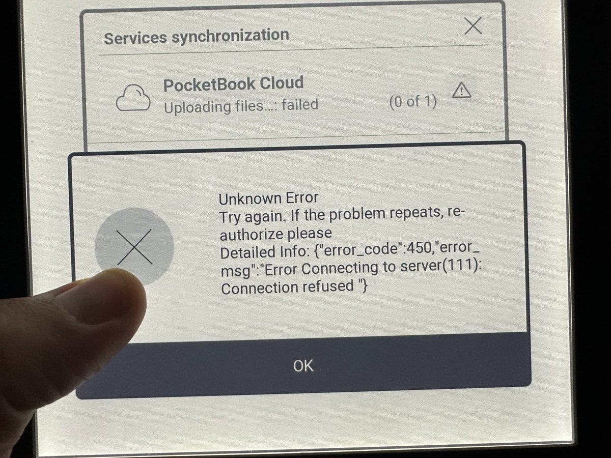 brandonjp's tweet photo. @pocketbook is there currently an issue with the cloud service? I kept receiving errors on both iOS and ink pad. I created new accounts and factory reset the ink pad and still same errors https://t.co/8Hi2AJsTKZ