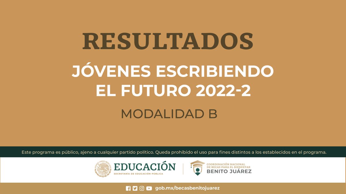 📢  𝗥𝗘𝗦𝗨𝗟𝗧𝗔𝗗𝗢𝗦 de la Beca #JóvenesEscribiendoElFuturo 2022-2 (Modalidad B) 📢

Conoce si saliste beneficiaria o beneficiario en bit.ly/ResultadosJEF2…

☝️Para buscar más rápido tu 𝗙𝗢𝗟𝗜𝗢 te recomendamos utilizar el comando:
Ctrl + f para Windows
 ⌘ + f para Mac