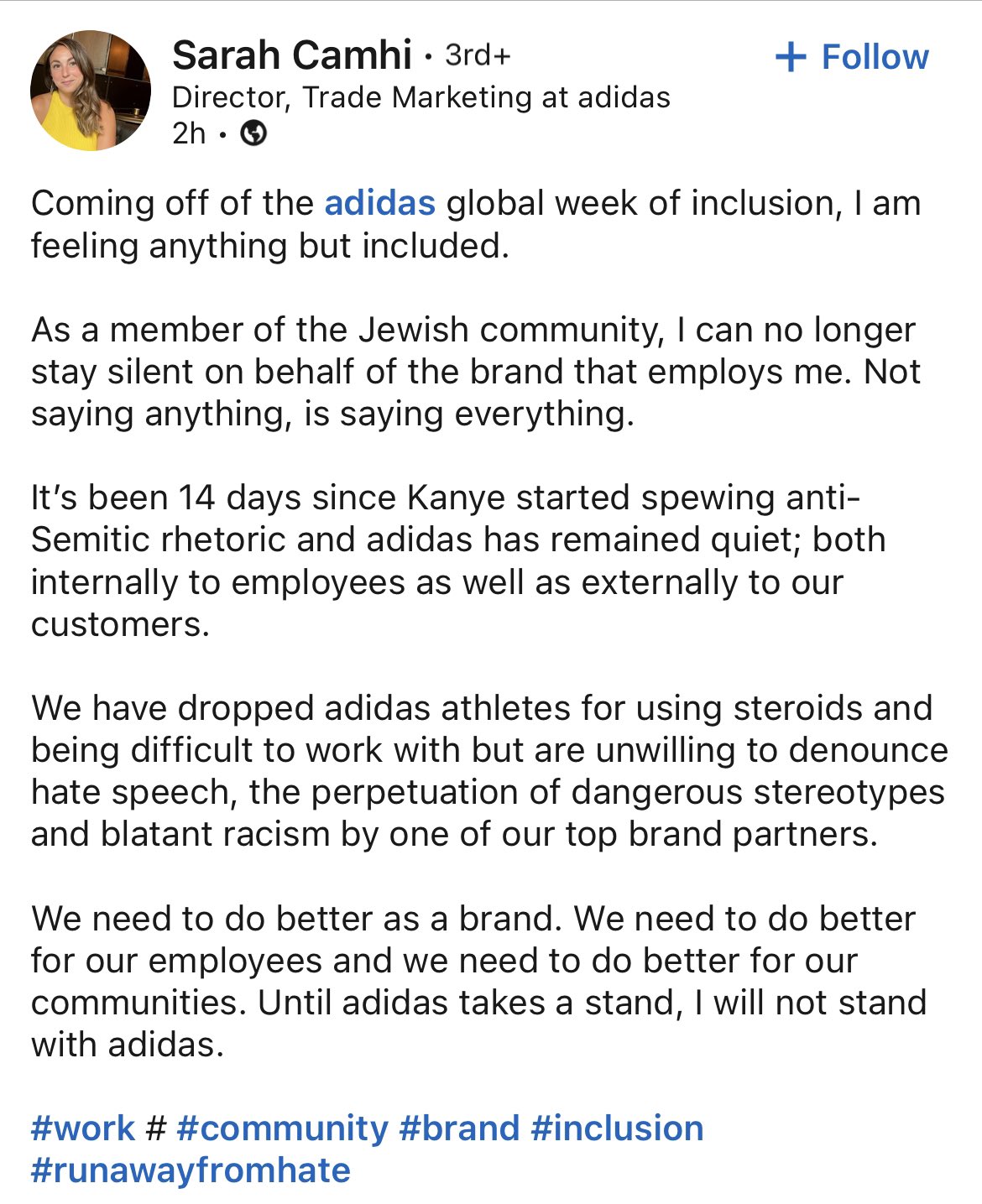 Ideal motivo ambulancia philip lewis on Twitter: "Sarah Camhi, director of Trade Marketing at Adidas,  calls out her company's silence over Kanye West's recent comments:  https://t.co/JtTwi6zPxn" / Twitter