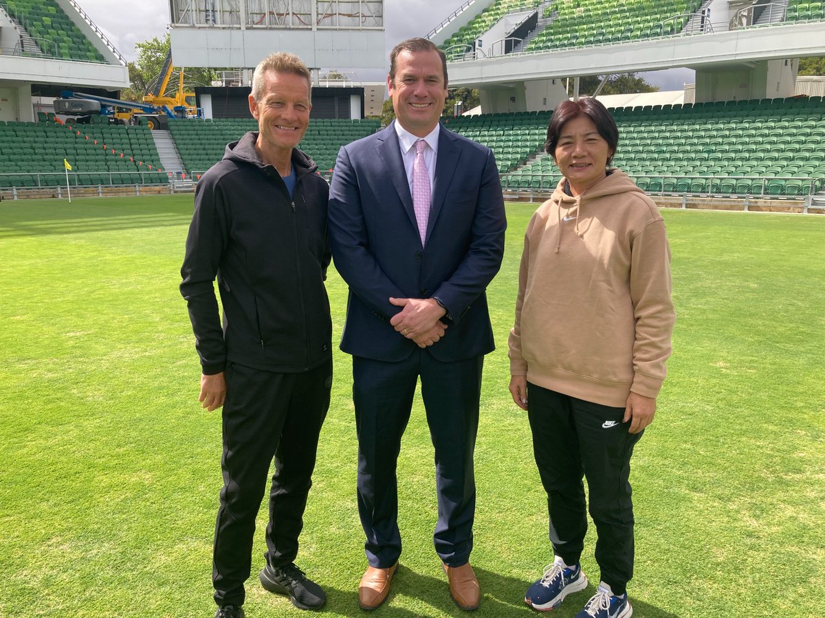 FootballWest's tweet photo. Great turnout at Perth Rectangular Stadium as delegates from Denmark and People's Republic of China look at the venue for their @FIFAWWC matches in WA.

@FootballWest CEO Jamie Harnwell with Denmark head coach Lars Sondergaard, left, and his Chinese opposite number Shui Qinxia. https://t.co/WTgoPU5V5E