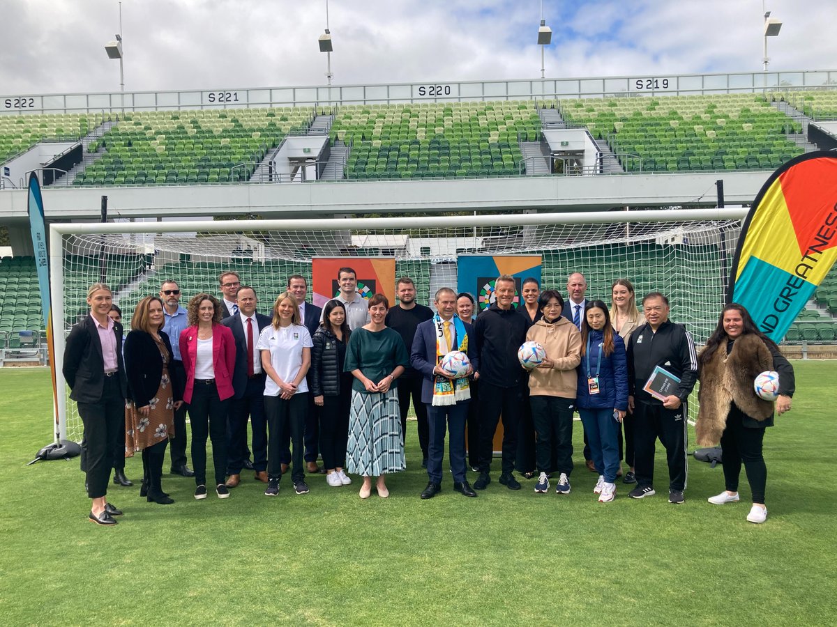 FootballWest's tweet photo. Great turnout at Perth Rectangular Stadium as delegates from Denmark and People's Republic of China look at the venue for their @FIFAWWC matches in WA.

@FootballWest CEO Jamie Harnwell with Denmark head coach Lars Sondergaard, left, and his Chinese opposite number Shui Qinxia. https://t.co/WTgoPU5V5E