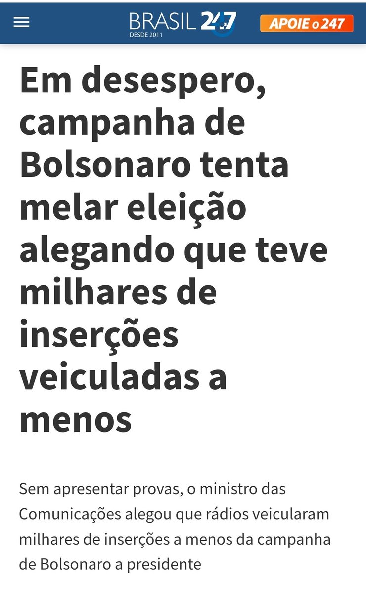 🚨Campanha de Bolsonaro jogou a toalha e agora tentarão, dia após dia, melar as eleições.
Vamos como @AndreJanonesAdv bater com força!
Ninguém solta a mão de ninguém e 🔥 nos fascistas!!!
É <a href="/LulaOficial/">Lula</a> contra o sigilo da quadrilha!!!!!!!