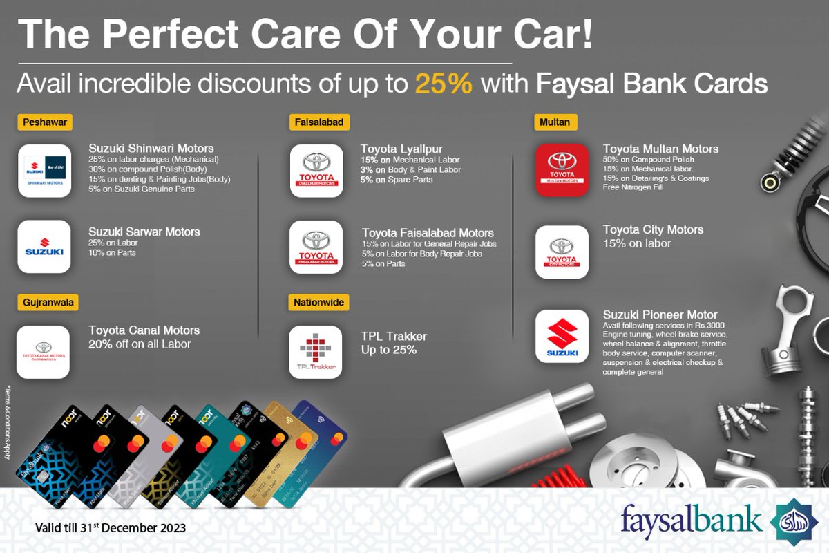 Faysalbankltd's tweet photo. The Perfect Care of Your Car!
Avail incredible discounts of up to 25% when you pay with Faysal Bank Cards
Apply now for Noor Card, visit https://t.co/JnwprrQG3i
Valid till 31st December 2023
T&Cs apply
#FaysalIslami #FaysalBank #BarhoYaqeenkaySath #Discout #NoorCard #DebitCard https://t.co/NgS0om82Ur