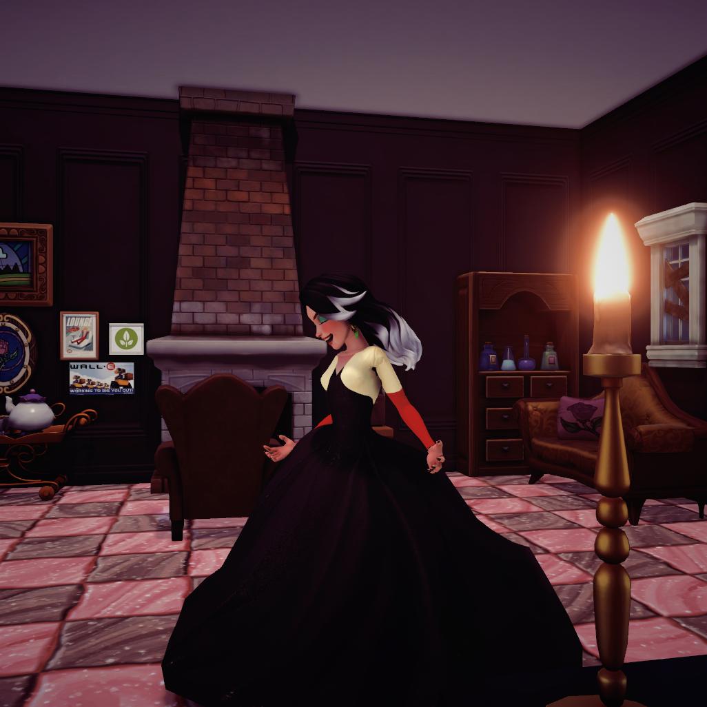 OhGeeNivi's tweet photo. Tried to make a #CruellaDeVil outfit in #DisneyDreamlightValley for the 
#DreamlightDressUp challenge! Wish we could customize coats to go on top of dresses, but I think it turned out pretty good. ☺ https://t.co/AvPdGLVwbP