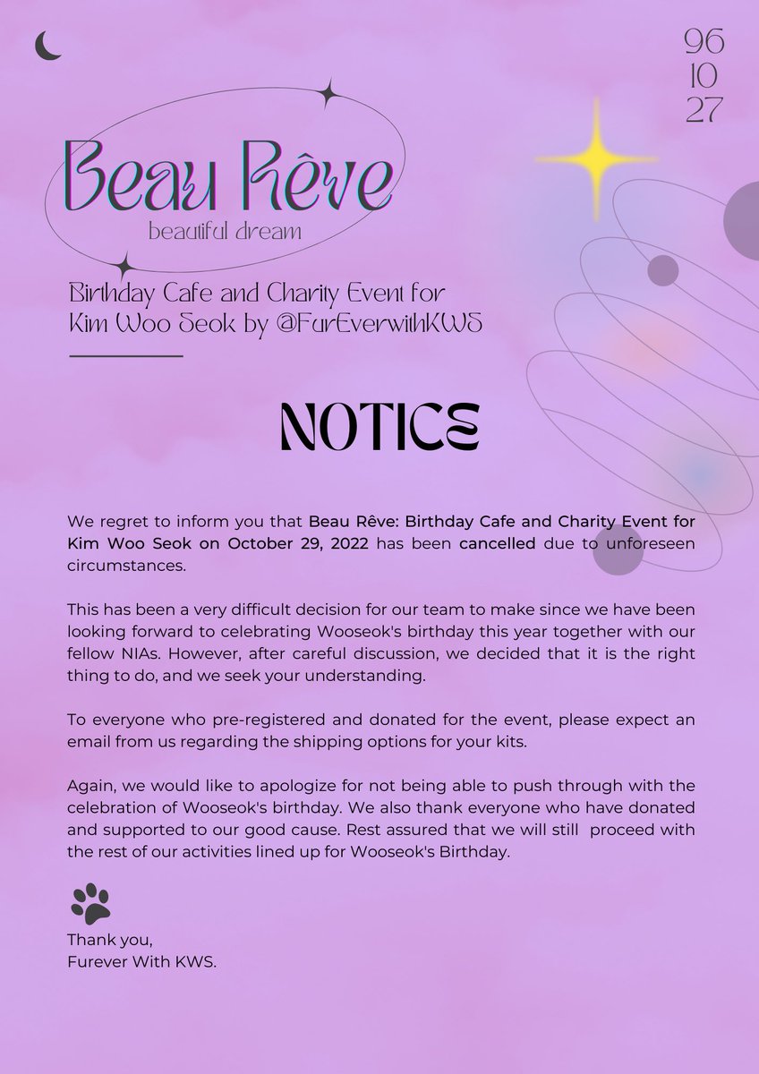fureverwithKWS's tweet photo. 📢 NOTICE FOR BEAU REVE

Rest assured that your kits will be delivered to you. We will inform you once everything is ready. Thank you. 

#KIMWOOSEOK #김우석
#Beau_Reve_with_Wooseok 
#우석이와달콤한꿈 https://t.co/gS4DWrvBGg