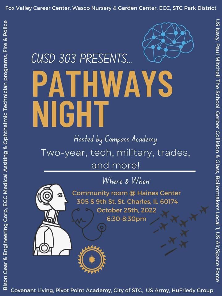 Compass is hosting Pathways Night tomorrow for D303 HS students interested in career opportunities that don’t require a 4yr degree. Attendees will be able to talk with reps from local businesses, ed programs, the military, &amp; various apprenticeship/training programs. Check it out!