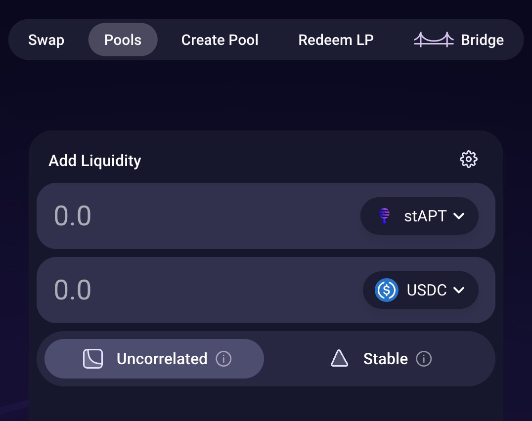 $stAPT liquidity pools are live on Liquidswap via @PontemNetwork 🔥 Now you can: 💧 Swap stAPT 💧 LP stAPT-$APT 💧 LP stAPT-$USDC (with @LayerZero_Labs USDC) And very soon you can stake your stAPT LP tokens for *Premining Rewards* 💰 Details below 👇 🧵
