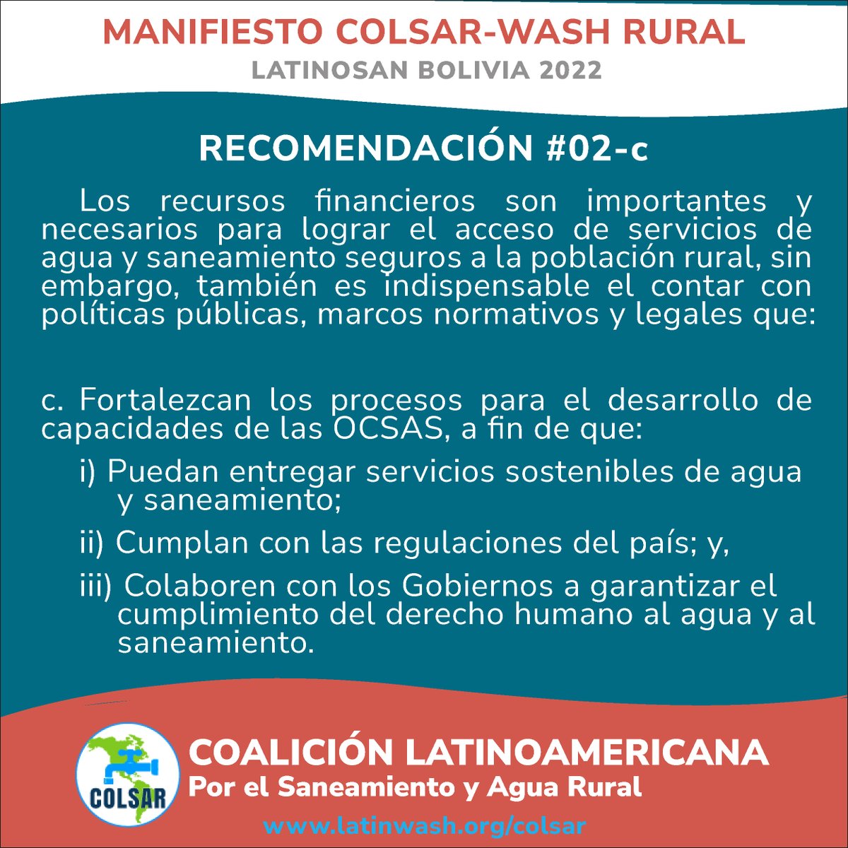 LatinWASH's tweet photo. #LATINOSAN Bolivia 2022 | MANIFIESTO COLSAR: Recomendaciones de COLSAR para lograr el acceso universal de agua y saneamiento en las áreas rurales de Latinoamérica
RECOMENDACIÓN 02 c:👇
Leer manifiesto👇https://t.co/viVc6FmZF9
#latinwash #washrural #ocsas #aguaysaneamientorural https://t.co/iC46Ag7mT9