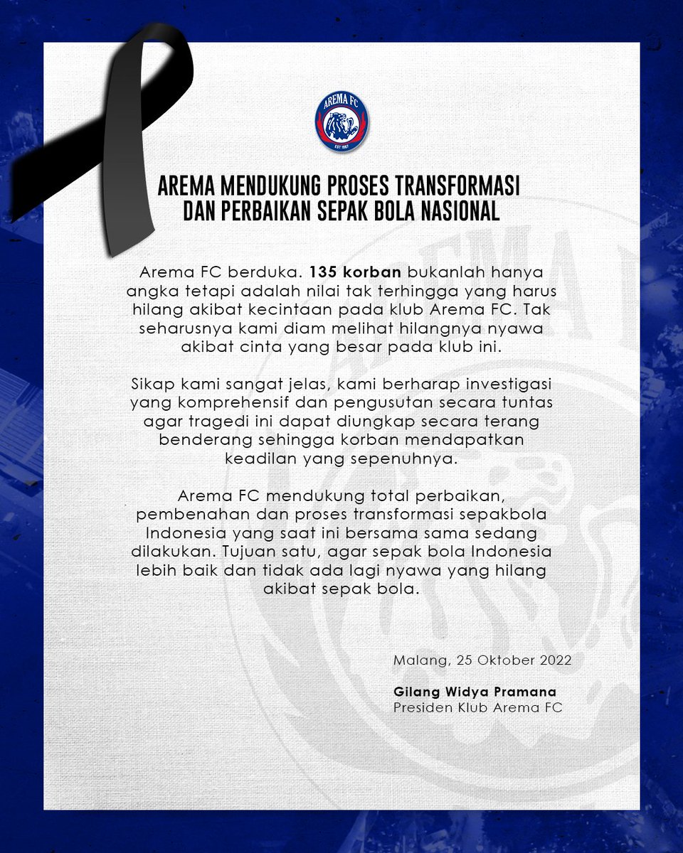 AremafcOfficial's tweet photo. Pernyataan Resmi Arema FC

#usuttuntas
#transformasisepakbolaindonesia
#bersatutegarbangkit https://t.co/Xd4YLMLbUB