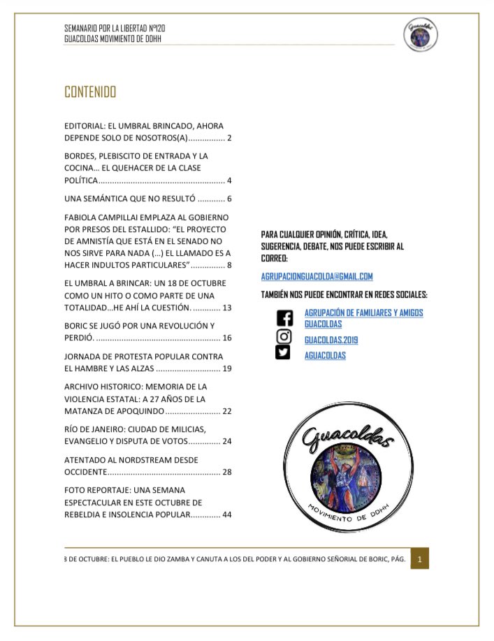 ESTIMADOS/AS
COMPARTIMOS CON USTEDES EL SEMANARIO POR LA LIBERTAD N°120, TITULADO "18 DE OCTUBRE: EL PUEBLO LE DIO ZAMBA Y CANUTA A LOS DEL PODER Y AL GOBIERNO SEÑORIAL DE BORIC".

PARA VER Y/O DESCARGAR EL SEMANARIO, LO PUEDE HACER EN EL SIGUIENTE LINK: semanariolibertad.files.wordpress.com/2022/10/semana…