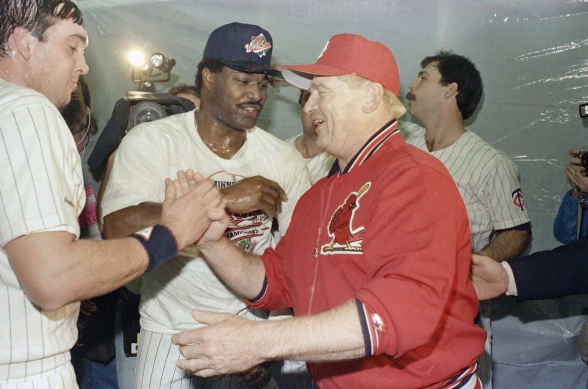 TwinsAlmanac's tweet photo. #STLCards Hall of Fame manager Whitey Herzog came to the #MNTwins clubhouse to congratulate @Hrbie14, Don Baylor, and the rest of the team on winning the #WorldSeries 35 years ago tonight. https://t.co/GPd5Rc411y