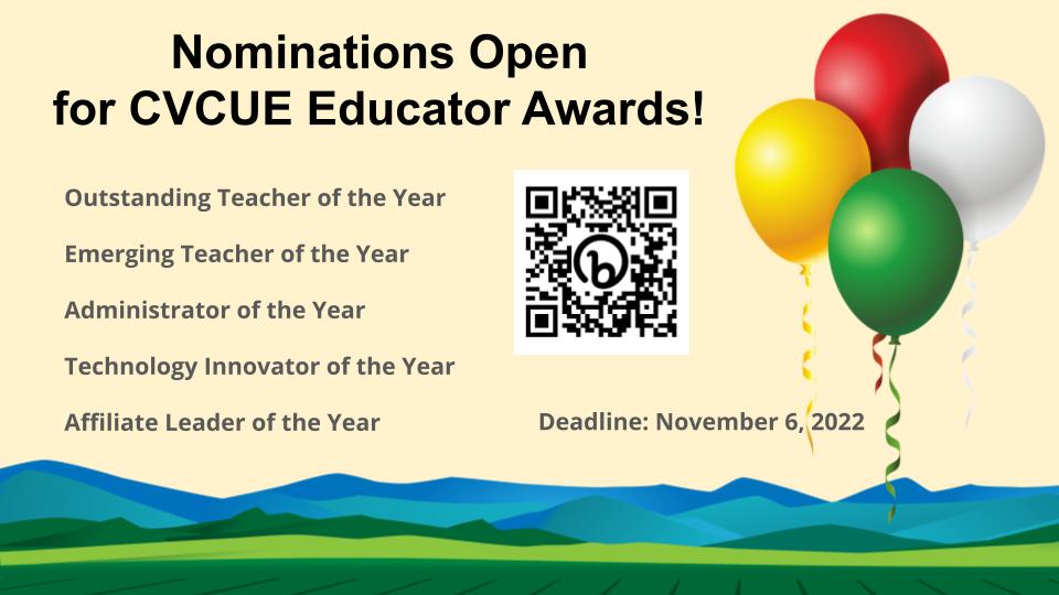 cvcue's tweet photo. It's time to celebrate educators in the Central Valley! Nominate a colleague for a #CVCUE educator award by November 6th https://t.co/Ncbkrkf2Nt #wearecue #somoscue https://t.co/0Rnu7SjF95