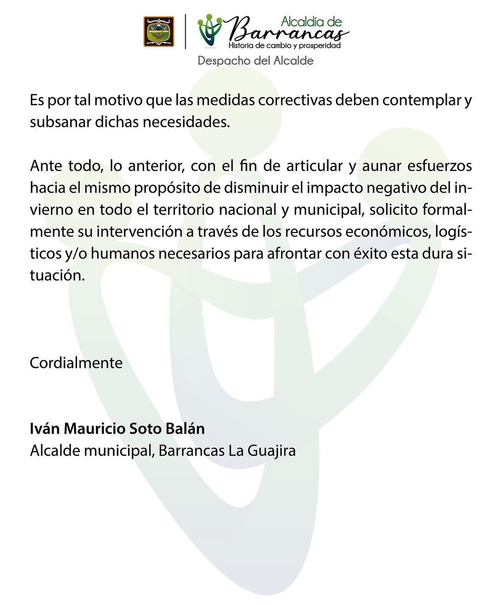Carta al Presidente de la República Gustavo Petro Urrego <a href="/petrogustavo/">Gustavo Petro</a> por las afectaciones de la ola invernal de nuestro municipio. 

#BarrancasLaGujira 
#ComprometidosConBarrancas #HistoriaDeCambioYProsperidad