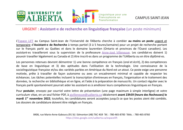 AJVilleneuve's tweet image. EMPLOI: J'embauche pour des assistanats de recherche à l'Espace LiFT au @UAlberta_CSJ! 

Passez le mot!

drive.google.com/file/d/1MTz8qY…

#UAlbertaCSJ #LINGQ 
#EspaceLiFT