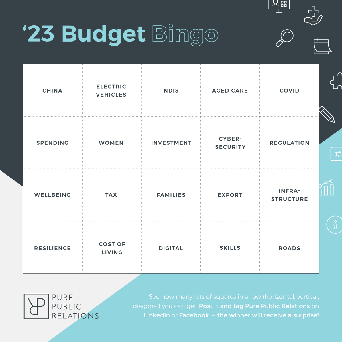Phoebe_Netto's tweet photo. For those of you who haven't just gone in to #budget23 lockup, here is your Budget Bingo cards for tonight. #auspol https://t.co/WfYVVxG0kT