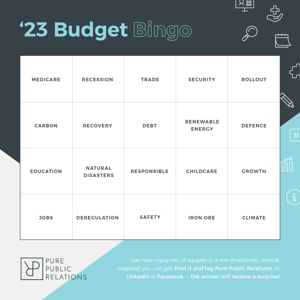 Phoebe_Netto's tweet photo. For those of you who haven't just gone in to #budget23 lockup, here is your Budget Bingo cards for tonight. #auspol https://t.co/WfYVVxG0kT