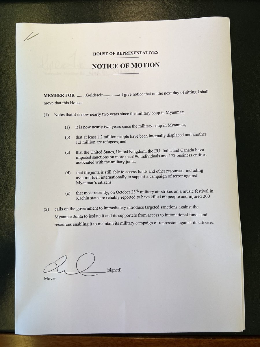 Today I have lodged the following Notice of Motion on #Myanmar #auspol