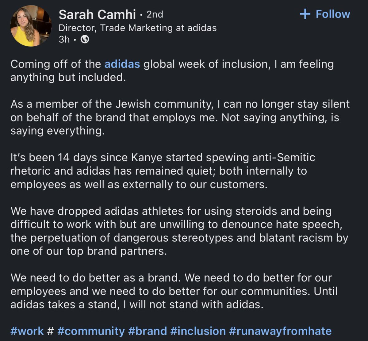 heitner's tweet image. “We have dropped adidas athletes for using steroids and being difficult to work with but are unwilling to denounce hate speech, the perpetuation of dangerous stereotypes and blatant racism by one of our top brand partners.”

Powerful statement by an adidas employee.