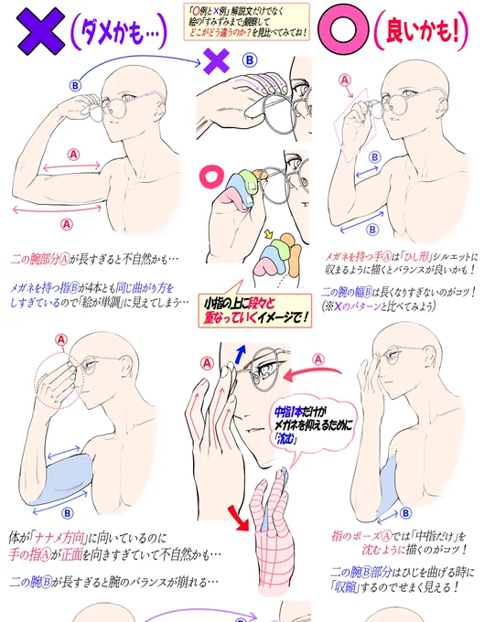 『メガネをかける仕草👓を描く講座』

「下手に見えやすい例❌」

「上手に見えやすい例⭕️」 
