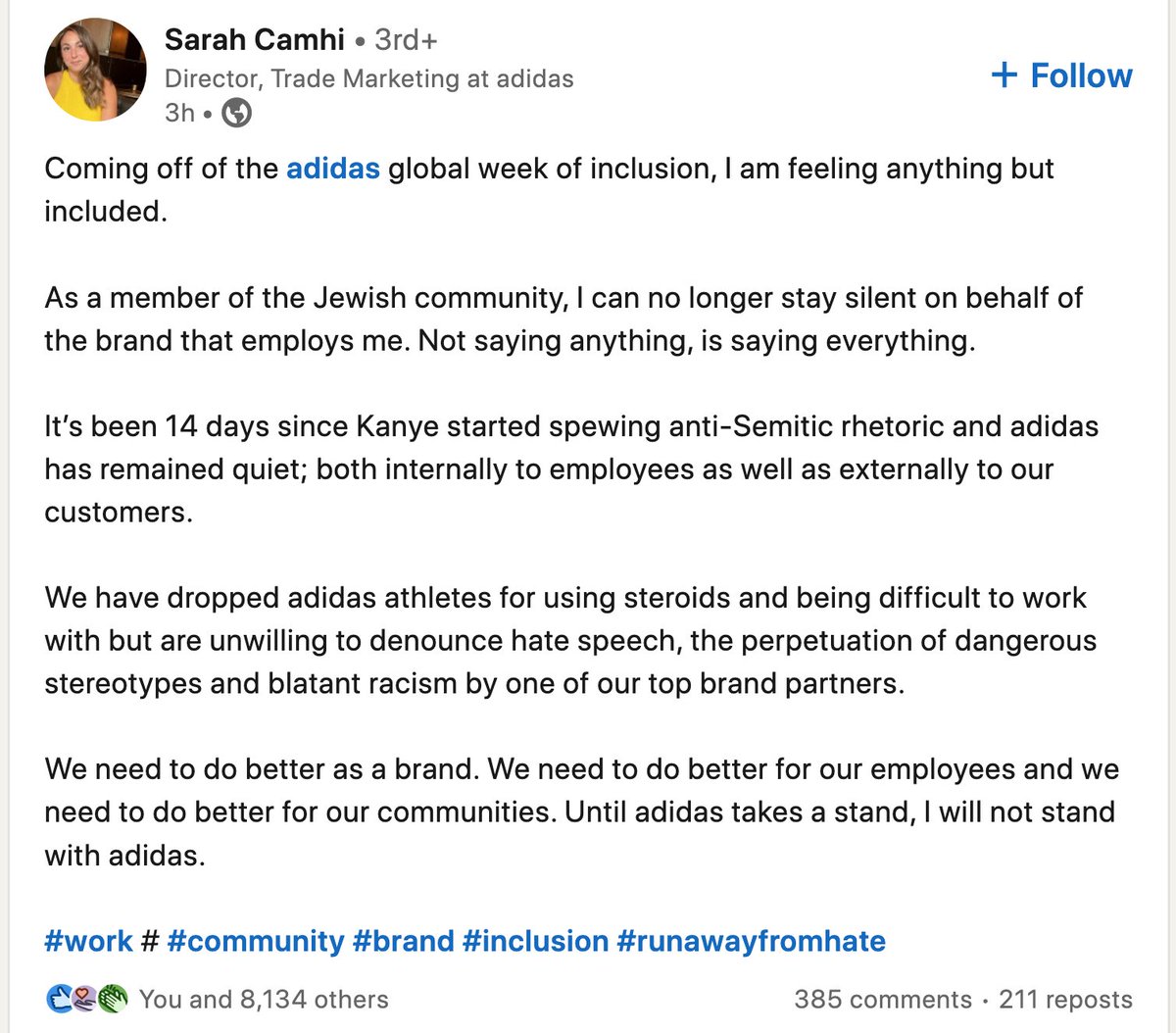 tovaherskovitz's tweet photo. Just learned that this is Adidas' week of inclusion...Jews are never included in inclusion https://t.co/3sK0Qep2yk