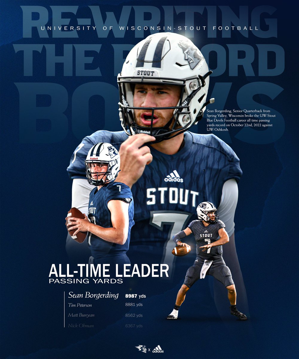 Congratulations to QB1 @BorgerdingSean for breaking the all-time passing yards school record! 4 years of greatness on and off the field 🔵⚪️ #uwstout #bleedblue #TPC #SchoolRecord