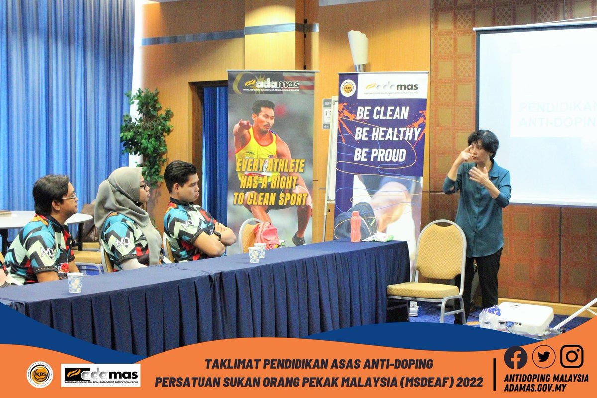 ADAMAS_Malaysia's tweet photo. 15 Oktober 2022, Putrajaya – Pertama kalinya Agensi Anti-Doping Malaysia (ADAMAS) telah melaksanakan Seminar Pendidikan Anti-Doping dengan kerjasama Persatuan Sukan Orang Pekak Malaysia (MSDeaf).

#BeClean #BeHealthy #BeProud #PlayTrue #WinClean #PurePerformance #SayNoToDoping https://t.co/U0woi9zva4
