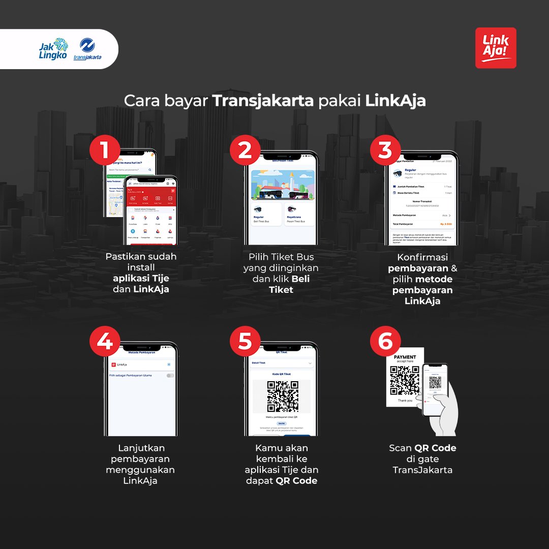 PT_Transjakarta's tweet photo. Biar prokes makin aman pas ke luar rumah, pesan tiketmu di aplikasi Tije dan bayar langsung pakai LinkAja. Praktis, cuma 5 langkah aja! Ini cara bayar Transjakarta pakai @linkAja: #APA2BISA https://t.co/5KFr5zN6HM