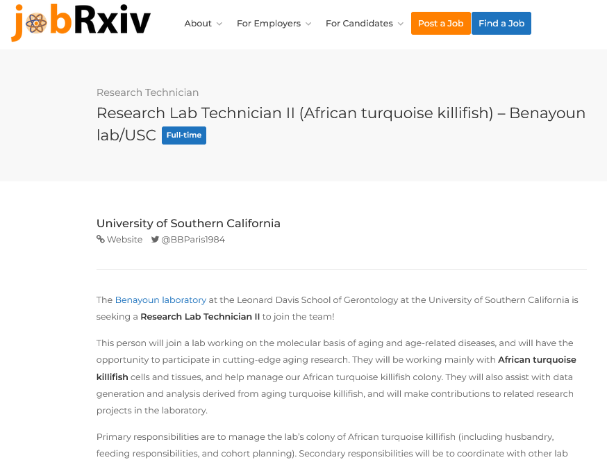 jobRxiv's tweet photo. Research Lab Technician II (African turquoise killifish)
Join the Benayoun lab (@BBParis1984) at #USC in #sunnyLA as a Research lab tech II working on African turquoise #killifish for #aging research!
University of Southern California, Los Angeles, USA
https://t.co/bVLE4GCsE1 https://t.co/c0ScxAGprC