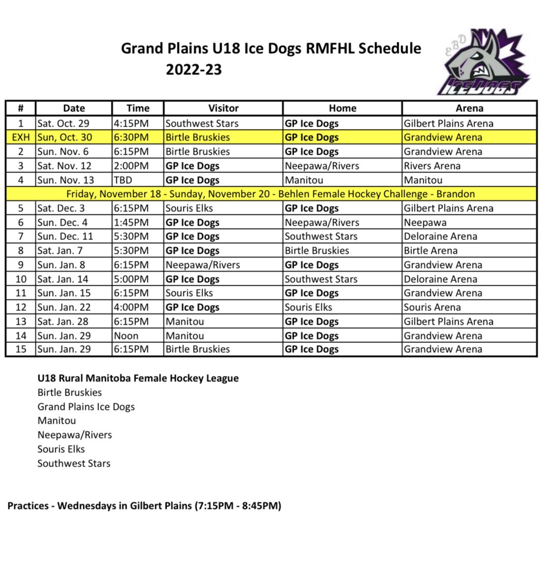 GPU18IceDogs's tweet photo. We’re back and ready for another U18 season in the @RuralFemaleMB. The roster covers @HockeyParkland like the dew. Looking forward to another season of battles with our friendly Hwy #83 rivals @femalebruskies. Rumours circulating that @Dirtyshirtsca support may be up for grabs🤥 https://t.co/Z9RcL1mVFg
