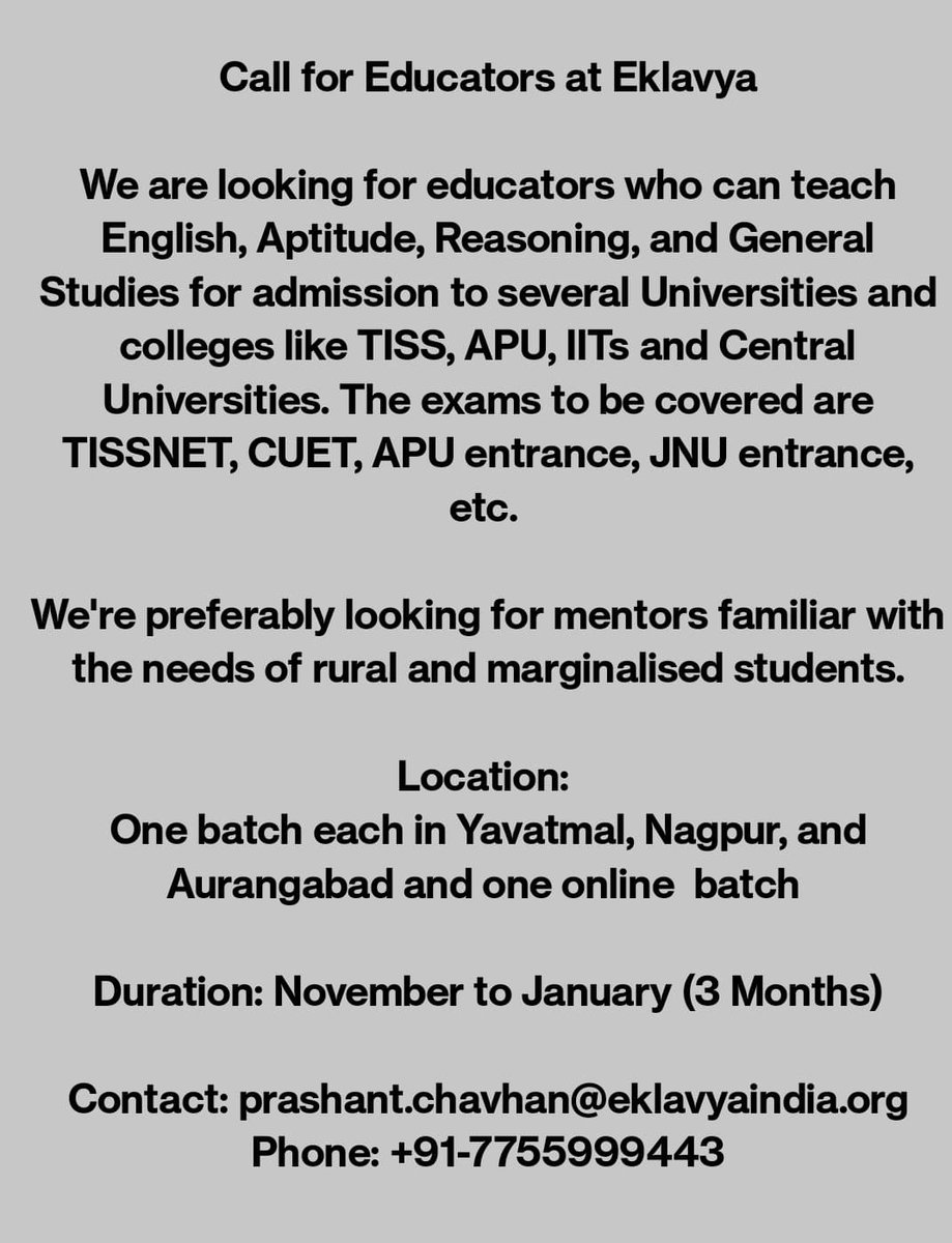 RajuKendree's tweet photo. Call for Educators at @EklavyaMovement https://t.co/mI0upTyMC6