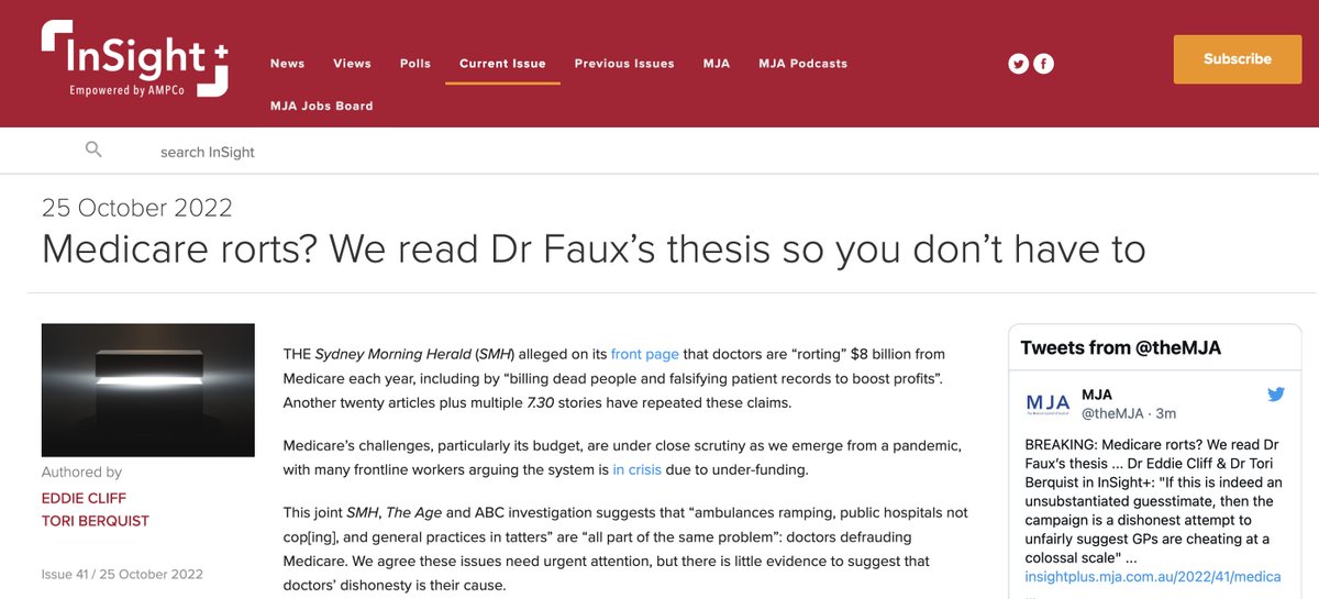 Over 20 <a href="/smh/">The Sydney Morning Herald</a> articles say $8 billion is "rorted" from Medicare each year - but what is the evidence behind this figure? <a href="/toriberquist/">Tori Berquist</a> &amp; I tried to find it but it was nowhere to be seen. Our piece <a href="/theMJA/">MJA</a>: insightplus.mja.com.au/2022/41/medica… <a href="/brookmanknight/">Adj Prof Karen Price, 20-22 RACGP Past Prez</a> <a href="/MJA_Editor/">MJA Editor in Chief</a> @coopesdetat