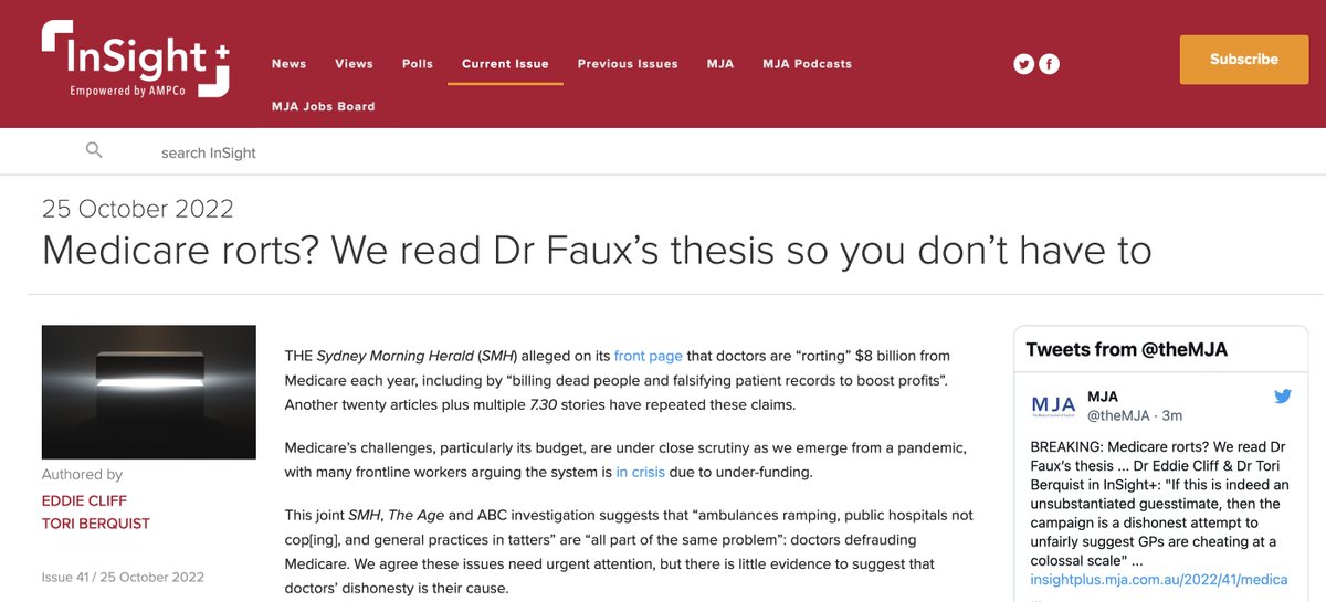 Over 20 @smh articles say $8 billion is 'rorted' from Medicare each year - but what is the evidence behind this figure? @toriberquist & I tried to find it but it was nowhere to be seen. Our piece @theMJA: insightplus.mja.com.au/2022/41/medica… @brookmanknight @MJA_Editor @coopesdetat