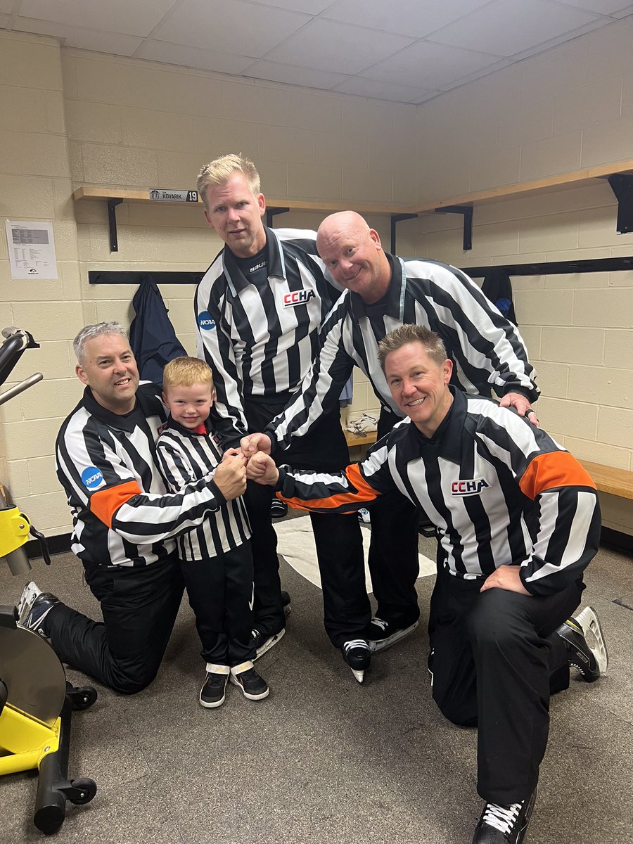 n8larson8's tweet photo. The only thing this boy loves more than his @mtuhky Huskies is the @CCHAHockey Referees! Thank you boys for making his day & letting him meet his favorites! #FutureRef #SinBin https://t.co/PRXqTgvJGJ