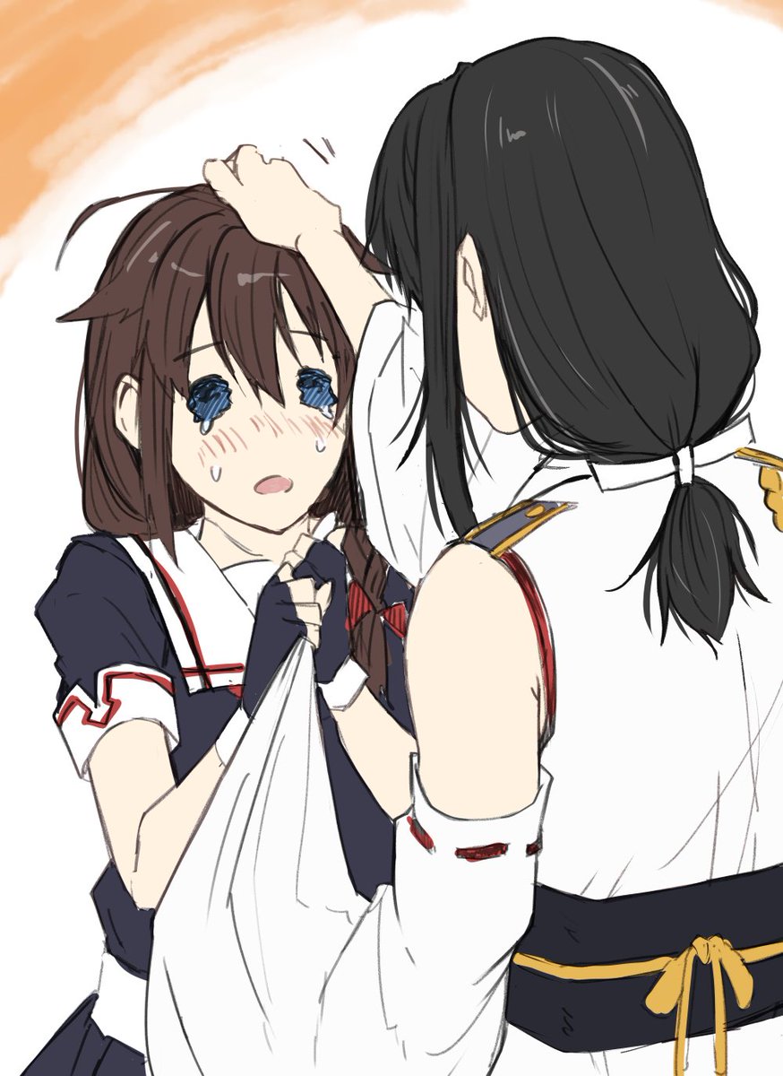 shigure (kancolle) multiple girls 2girls school uniform braid blue eyes tears serafuku  illustration images