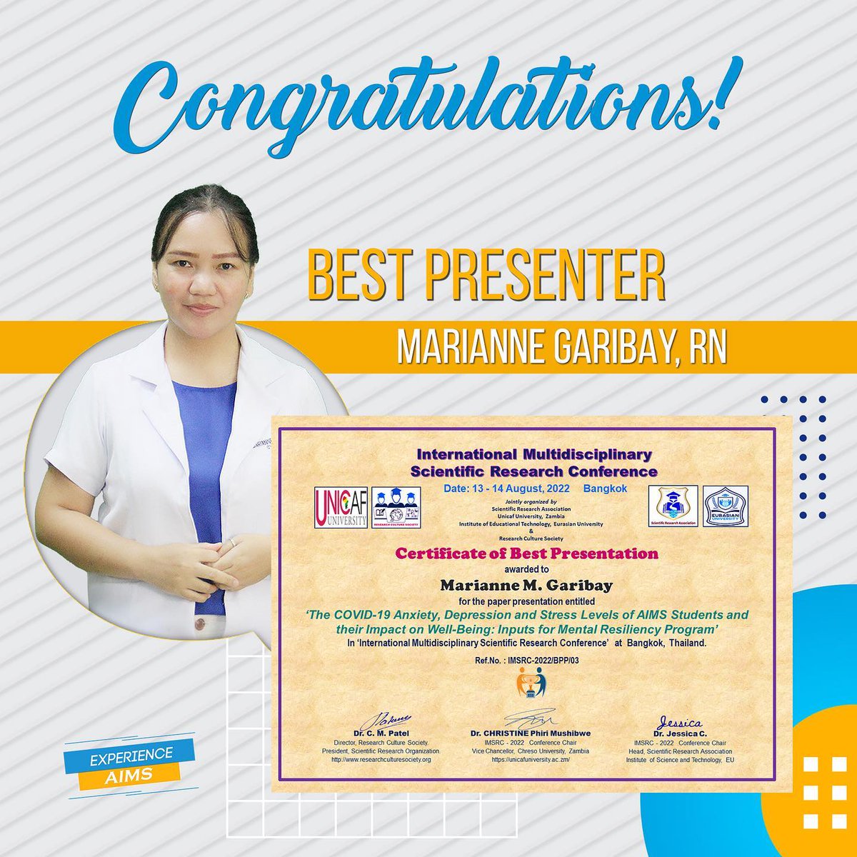 Congratulations Ms. Marianne Garibay! AIMS is proud of your achievement.

We are still accepting freshmen and transferees!

#AIMS #ExperienceAIMS #AIMSyan
#WeAreAIMS #AIMSpowered #TatakAIMS
Achievement • Integrity • Mastery • Service