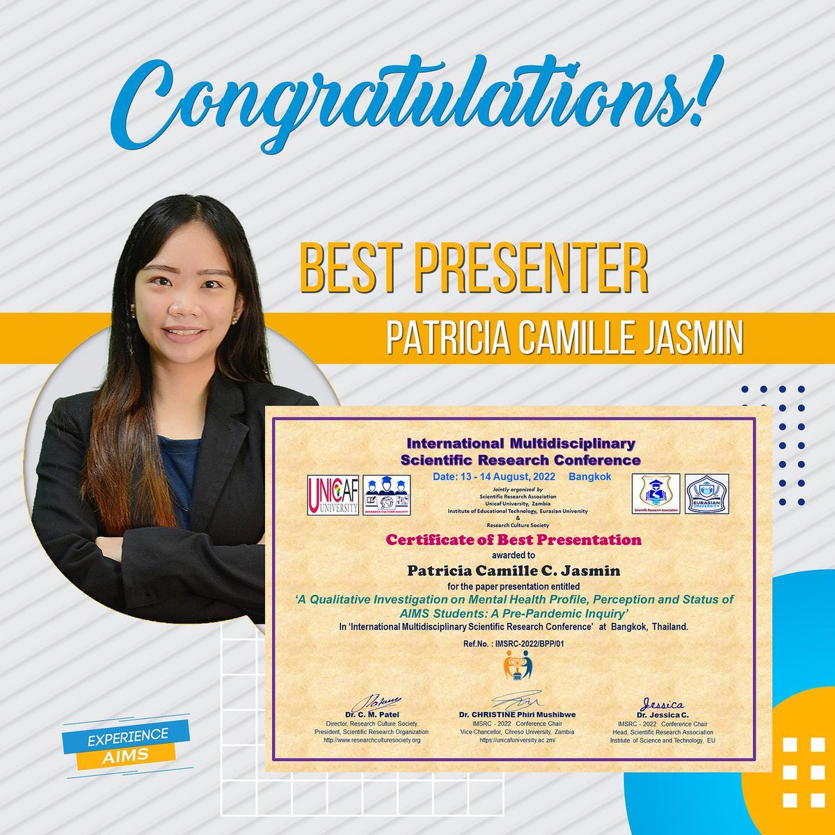Congratulations Ms. Patricia Camille Jasmin! AIMS is proud of your achievement.

We are still accepting freshmen and transferees!

#AIMS #ExperienceAIMS #AIMSyan
#WeAreAIMS #AIMSpowered #TatakAIMS
Achievement • Integrity • Mastery • Service