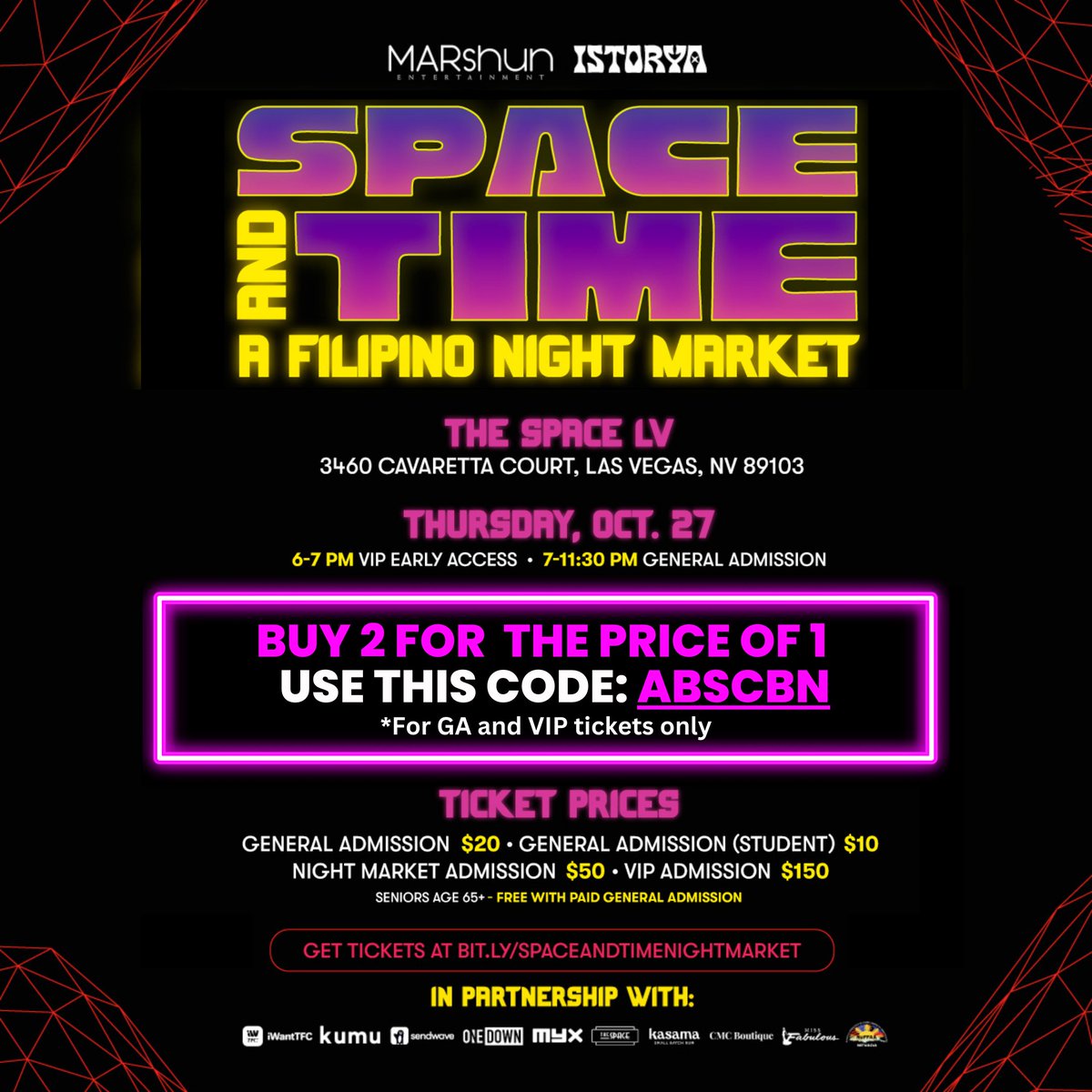 Got tickets already? It's not too late! Get 1 FREE ticket when you buy two with this promo code: ABSCBN upon checking out. Get your tickets here >> thespacelv.com/.../space-time… *Terms and conditions apply See you at the #SpaceAndTimeLV In partnership with @iwanttfc and @myxglobal