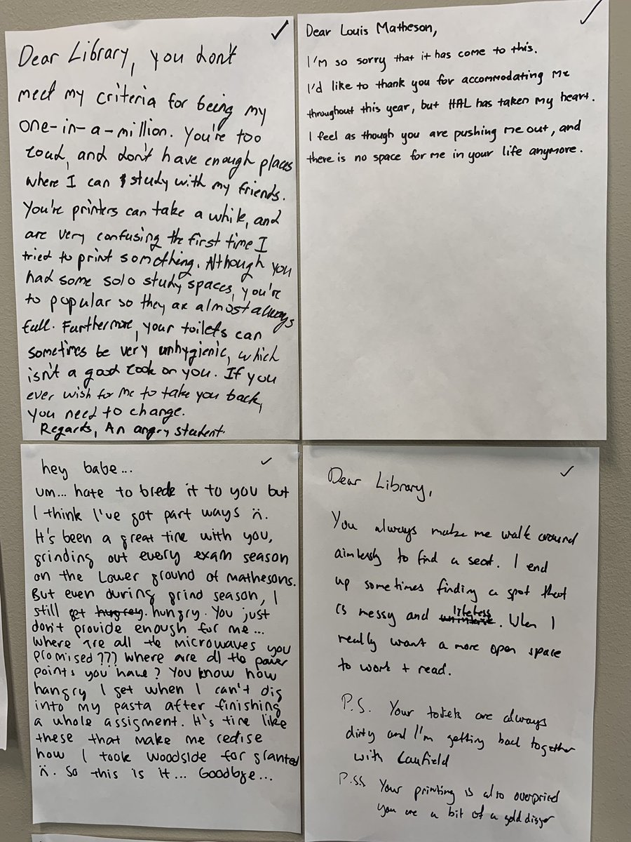 andypriestner's tweet image. Ad hoc donut-fuelled workshop with Monash students in which they detailed strengths and weaknesses, wrote break-up letters, and drew what their dream library would look like @monashunilib #uxtour #userexperience