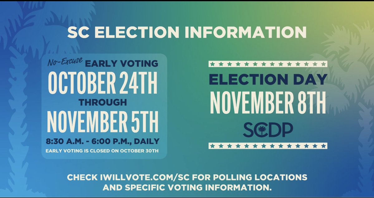 Emerge_SC's tweet photo. No-Excuse Early Voting is now open until November 5th.  
Information on your Early Voting Polling Locations can be found at https://t.co/S2IX7Cab3J

@Emerge_SC  is excited to have 19 alums on the ballot. 

We Win with Women. https://t.co/5wa3oBpTjy